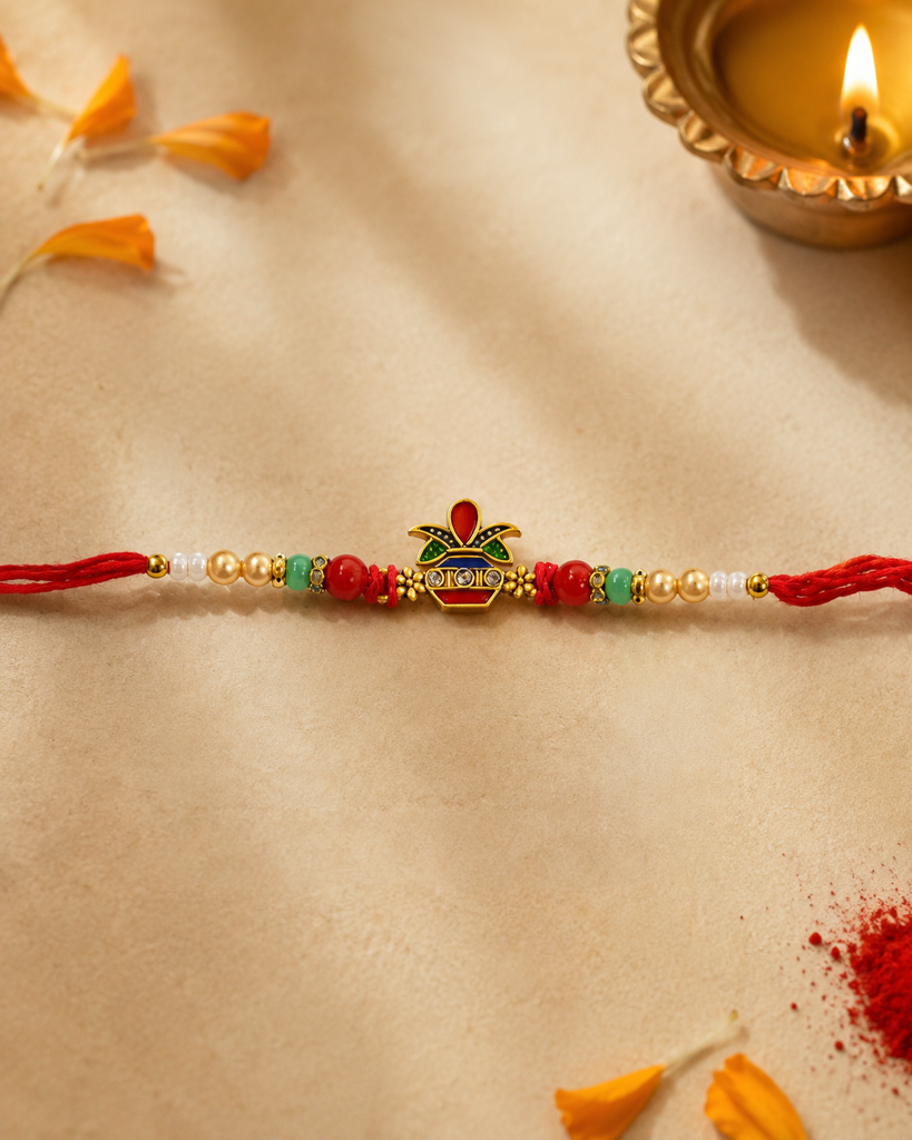 Set Of 3 Rakhis For Brother | Auspicious Kalash, Evil Eye & Floral Om Rakhi | Traditional Designer Rakhi For Bhaiya  : DR-0016