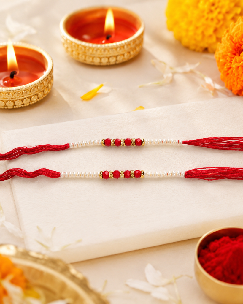 Set Of 2 Pearl Rakhis For Brother | Elegant Moti & Red Crystal Thread Rakhi | Traditional Designer Rakhi For Bhaiya  : DR-0019