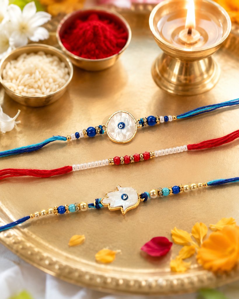 Set Of 3 Rakhis For Brother | Humza Hand, Nazar Rakhi & Pearl Thread Rakhi | Spiritual Designer Rakhi For Bhaiya Bhai : DR-002
