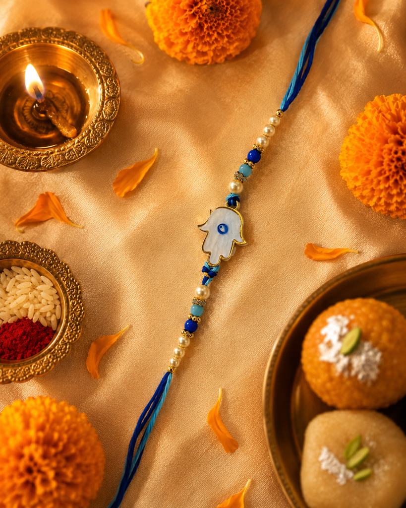 Set Of 3 Rakhis For Brother | Humza Hand, Nazar Rakhi & Pearl Thread Rakhi | Spiritual Designer Rakhi For Bhaiya Bhai : DR-002
