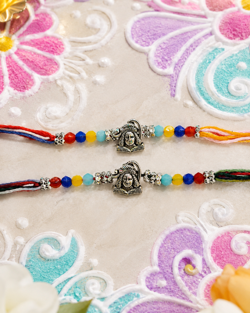 Set Of 2 Shiva Rakhi For Brother | Oxidised Silver Mahadev Rakhi With Colourful Beads | Spiritual Designer Rakhi For : DR-0020