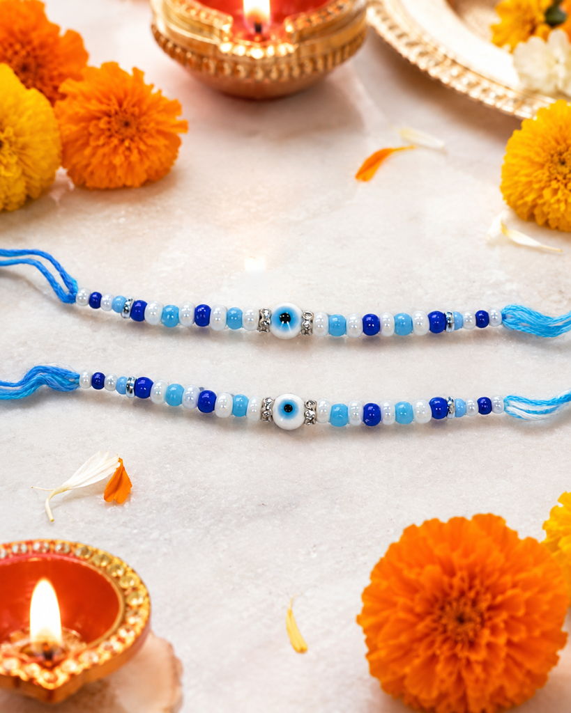 Set Of 2 Evil Eye Rakhi For Brother | Blue & White Beaded Nazar Rakhi | Designer Nazariya Rakhi For Bhaiya Bhai | Ra : DR-0021