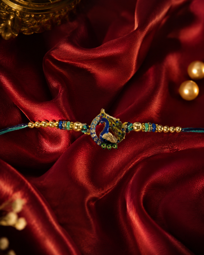 Set Of 2 Rakhis For Brother | Meenakari Mor Medallion & Wood Bead Rakhi With Stones | Designer Rakhi For Bhaiya B : DR-0021.22