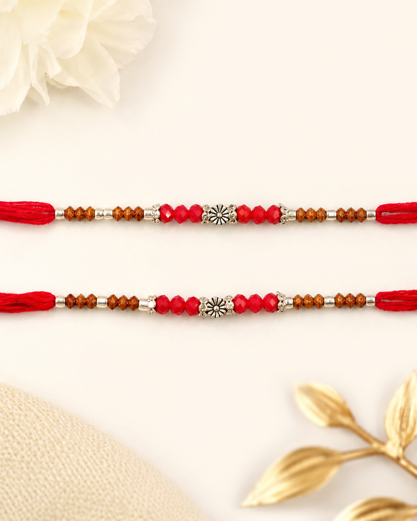 Set Of 2 Wood Bead Rakhi For Brother | Red Crystal & Wood Bead Rakhi With Silver Flower | Traditional Designer Rakhi : DR-0022
