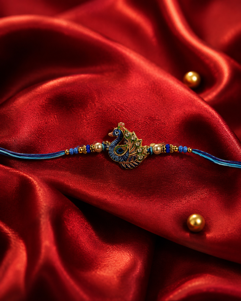Set Of 2 Rakhis For Brother | 3D Mor Bird Charm & Silver-Brown Bead Rakhi With Pearls | Designer Rakhi For Bhaiya : DR-0022.22