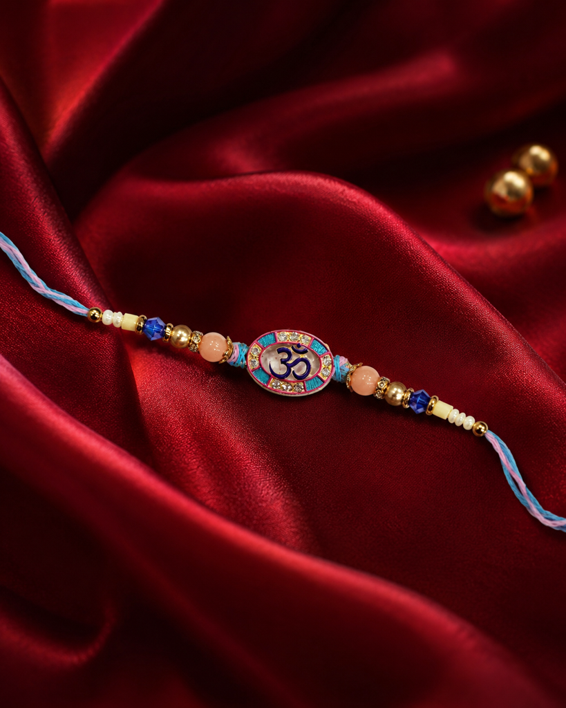 Set Of 2 Om Rakhi For Brother | Oval Meenakari Om Rakhi With Coral & Pearl Beads | Spiritual Designer Rakhi For  : DR-0024.096