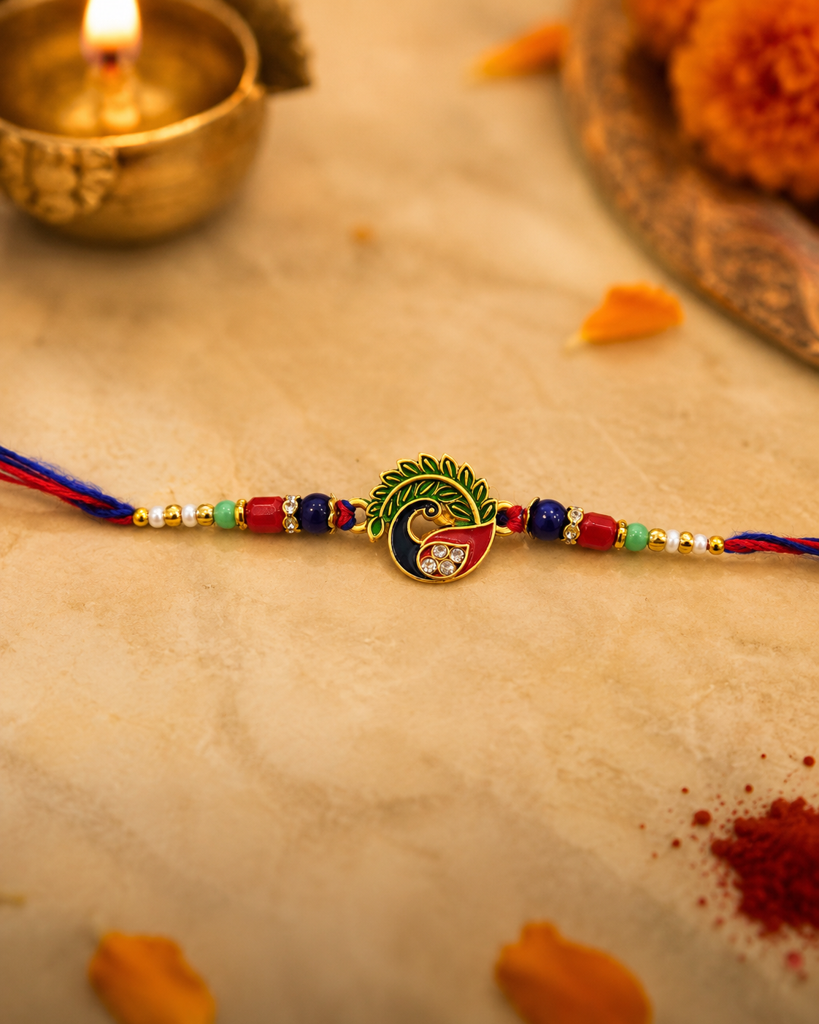 Set Of 2 Peacock & Rudraksha Rakhi For Brother | Meenakari Mor & Rudraksha Bead Rakhi | Spiritual Designer Rakhi  : DR-0026.23