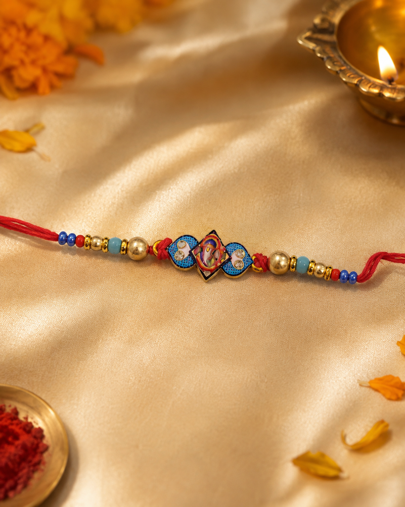 Set Of 2 Ganpati & Rudraksha Rakhi For Brother | Ganesha Meenakari & Rudraksha Bead Rakhi | Spiritual Designer Ra : DR-0027.23