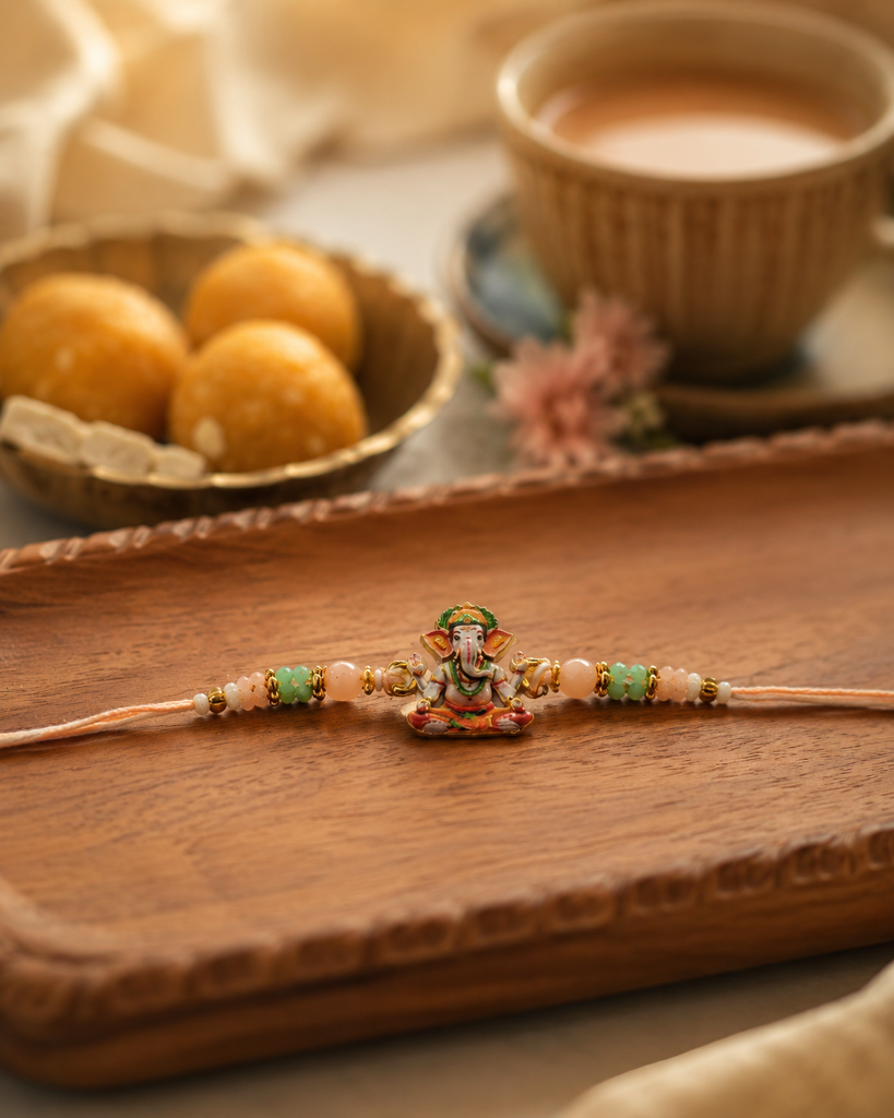 Set Of 2 Ganesha & Rudraksha Rakhi For Brother | Meenakari Ganpati & Rudraksha Bead Rakhi | Spiritual Designer Ra : DR-0028.23