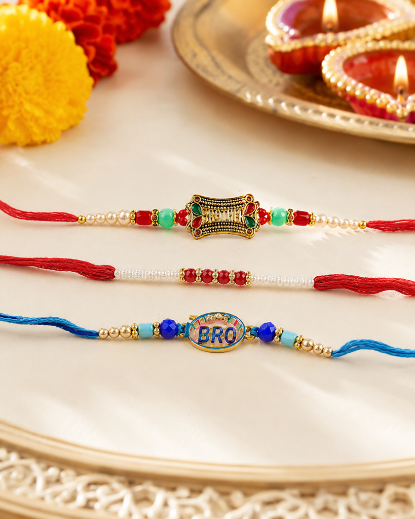 Set Of 3 Rakhis For Brother | Antique Gold Bro & Brother Message Rakhi With Pearl Rakhi | Designer Fancy Rakhi For Bh : DR-003