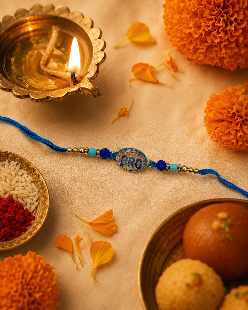 Set Of 3 Rakhis For Brother | Antique Gold Bro & Brother Message Rakhi With Pearl Rakhi | Designer Fancy Rakhi For Bh : DR-003