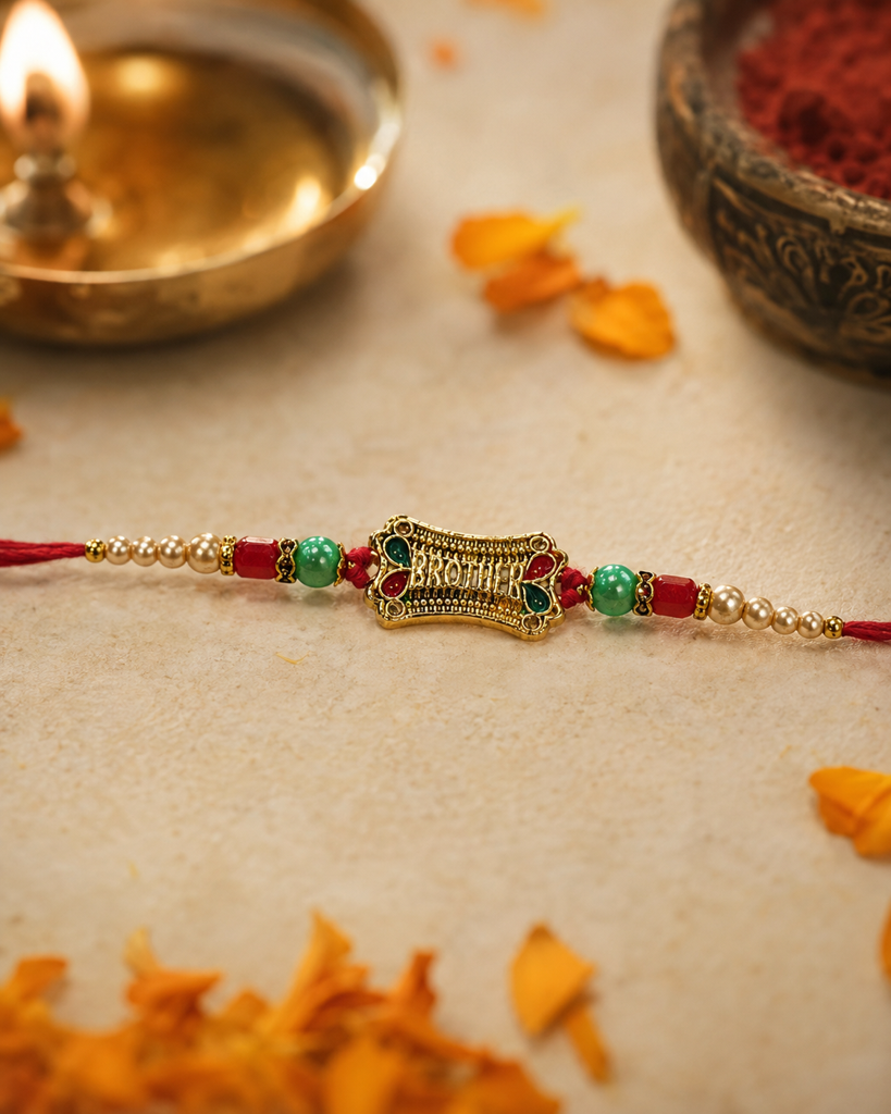 Set Of 3 Rakhis For Brother | Antique Gold Bro & Brother Message Rakhi With Pearl Rakhi | Designer Fancy Rakhi For Bh : DR-003