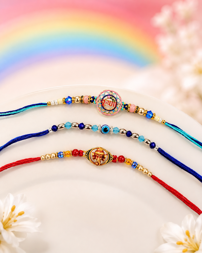 Set Of 3 Rakhis For Brother | Krishna, Evil Eye & Ganesha Rakhi With Beads | Designer Spiritual Rakhi For Bhaiya Bhai : DR-004