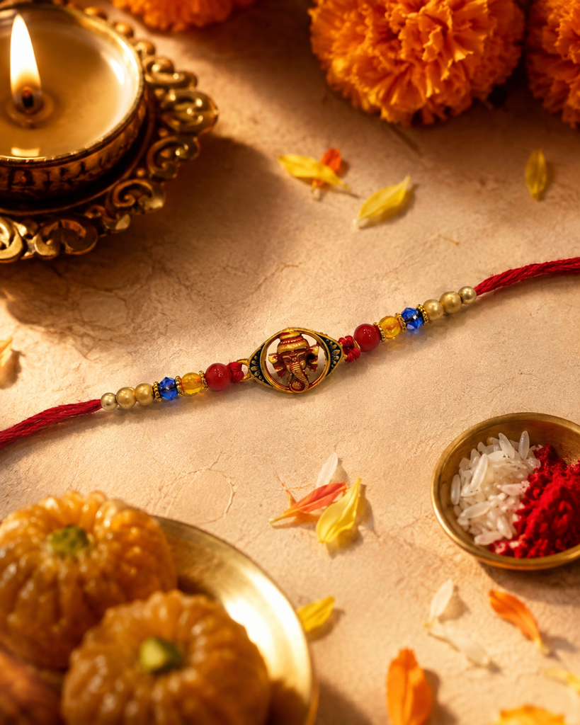 Set Of 3 Rakhis For Brother | Krishna, Evil Eye & Ganesha Rakhi With Beads | Designer Spiritual Rakhi For Bhaiya Bhai : DR-004