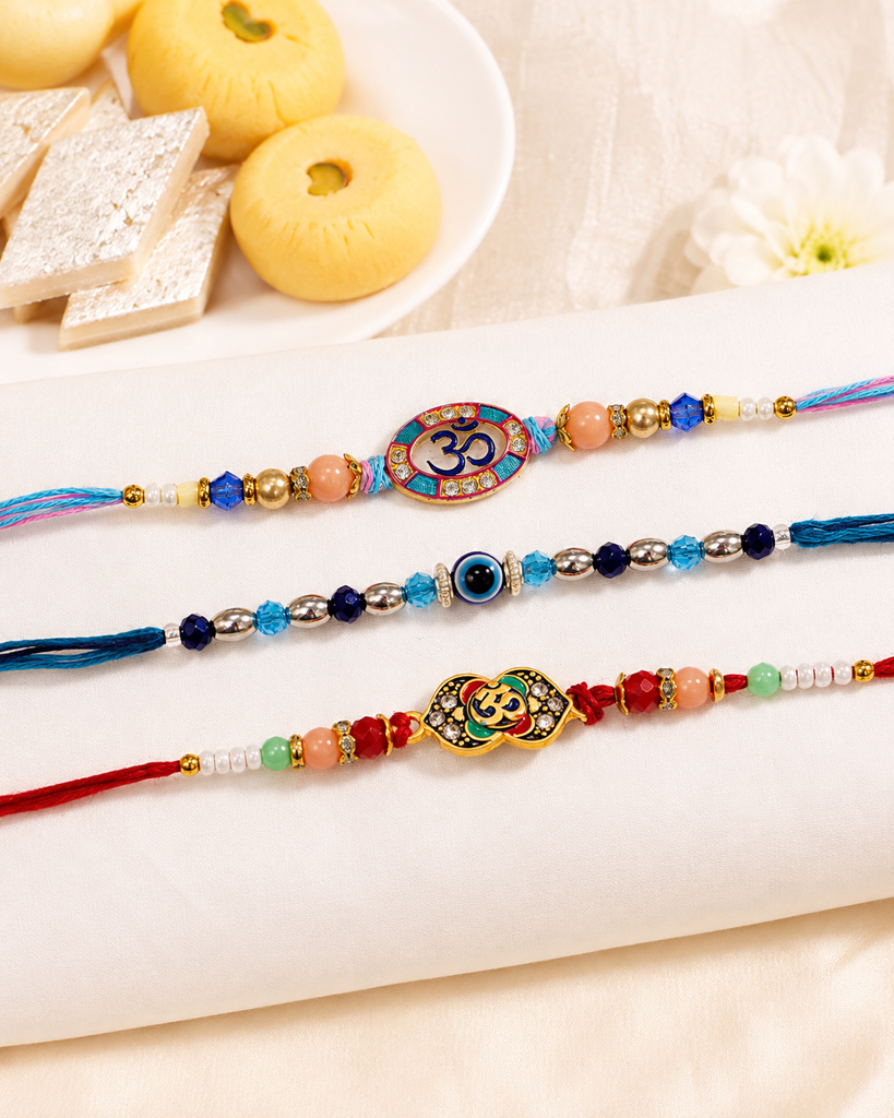 Set Of 3 Rakhis For Brother | Om, Evil Eye & Floral Meenakari Rakhi With Beads | Spiritual Designer Rakhi For Bhaiya  : DR-005