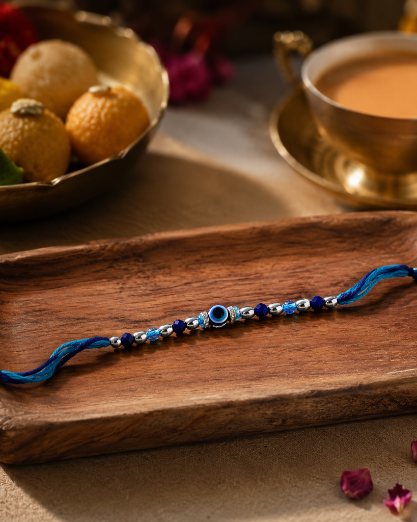 Set Of 3 Rakhis For Brother | Om, Evil Eye & Floral Meenakari Rakhi With Beads | Spiritual Designer Rakhi For Bhaiya  : DR-005