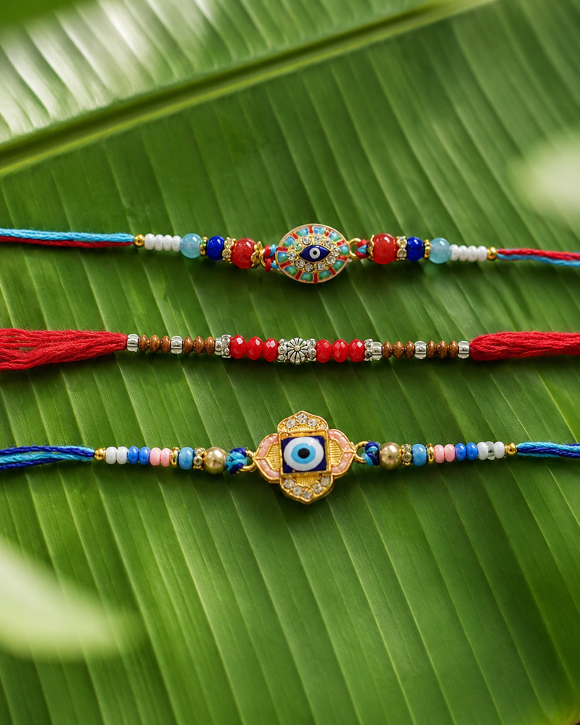 Set Of 3 Rakhis For Brother | Nazar Suraksha Rakhi With Stones & Silver Flower | Designer Nazariya Rakhi For Bhaiya B : DR-006