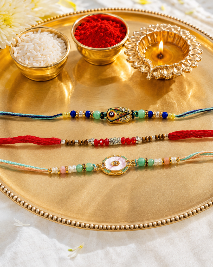 Set Of 3 Rakhis For Brother | Nazar, Red Chandan Beads & Evil Eye Charm Rakhi | Spiritual Designer Rakhi For Bhaiya B : DR-007