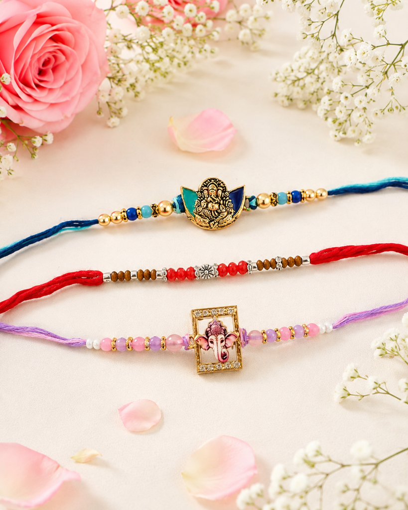 Set Of 3 Rakhis For Brother | Antique & Stone Ganpati Spiritual Rakhi With Bead Rakhi | Designer Rakhi For Bhaiya Bha : DR-008