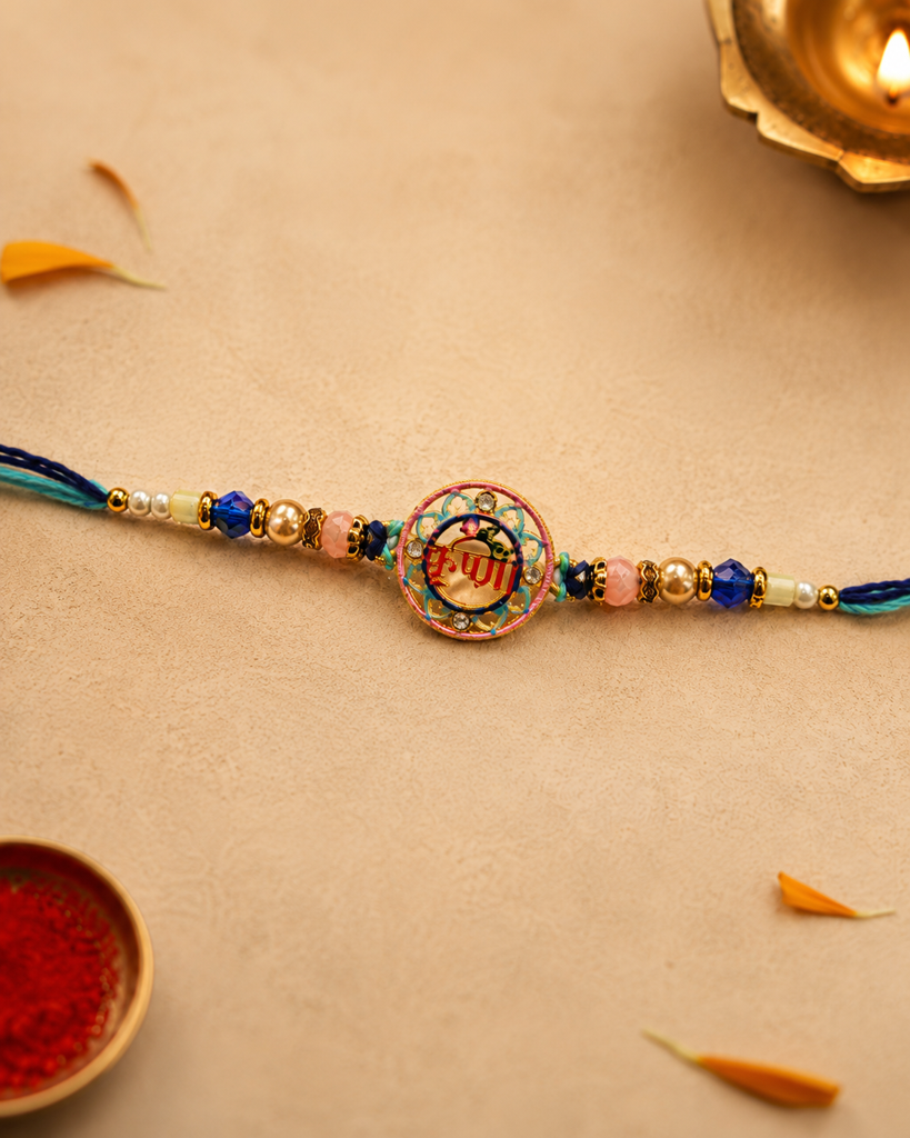 Set Of 2 Rakhis For Brother | Meenakari Krishna & Evil Eye Nazar Rakhi | Spiritual Designer Rakhi For Bhaiya Bhai  : DR-008.17