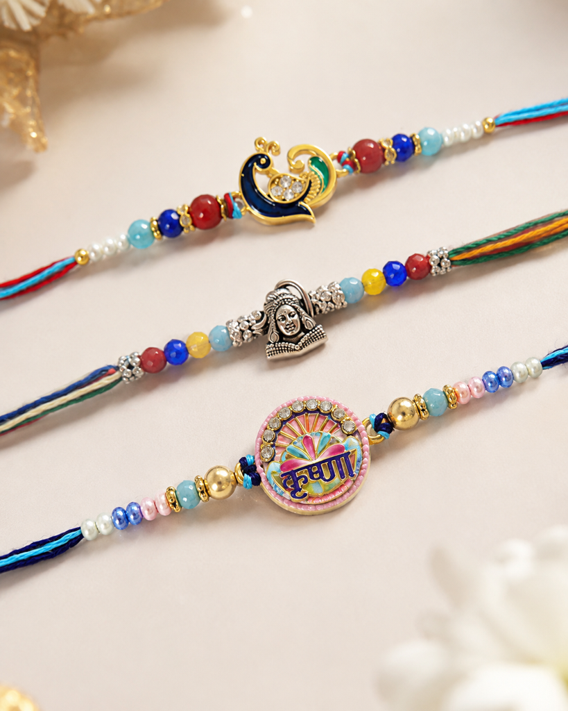 Set Of 3 Rakhis For Brother | Mor Heart, Lord Shiva & Krishna Name Rakhi | Designer Spiritual Rakhi For Bhaiya Bhai | : DR-009