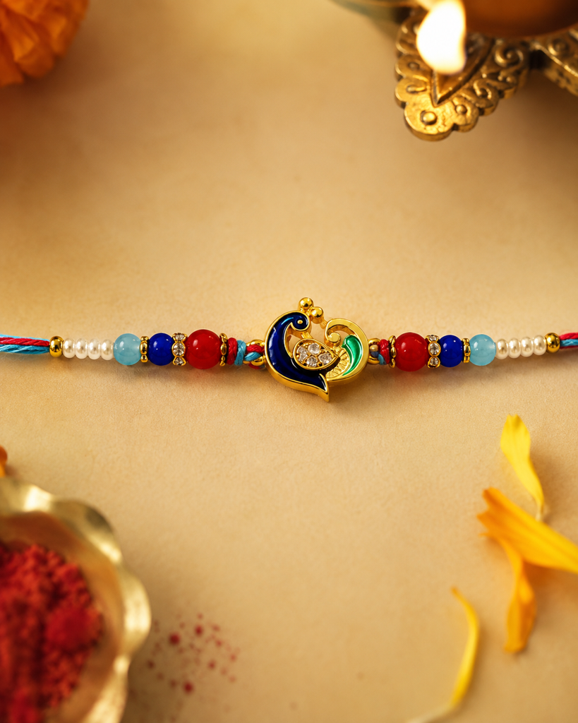Set Of 3 Rakhis For Brother | Mor Heart, Lord Shiva & Krishna Name Rakhi | Designer Spiritual Rakhi For Bhaiya Bhai | : DR-009