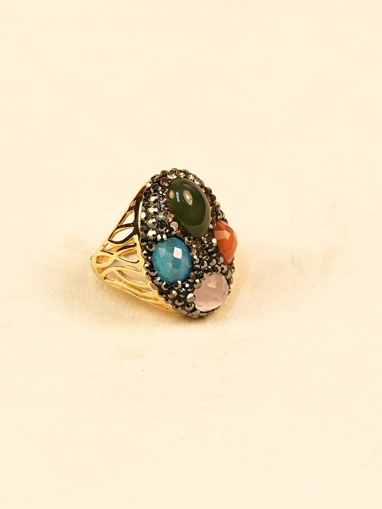 Gold Stainless Steel Multi-Stone Statement Ring : 0070-DR