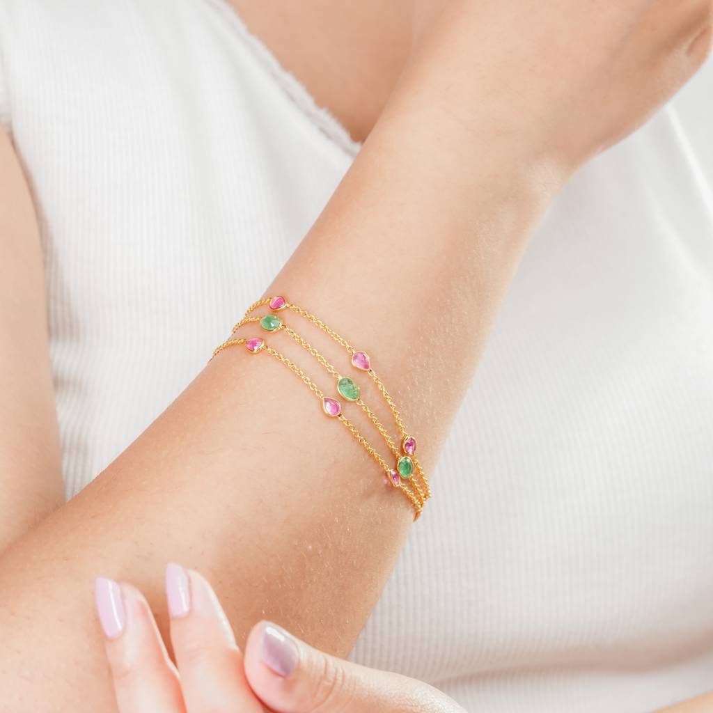 The Royal Trinity Layered Bracelet - Ruby Emerald Three Layer Natural Gemstone 18Kt Gold Plated Sterling Silver : BR0001