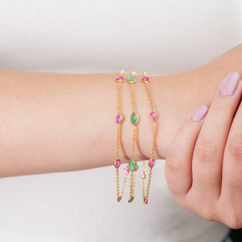 The Royal Trinity Layered Bracelet - Ruby Emerald Three Layer Natural Gemstone 18Kt Gold Plated Sterling Silver : BR0001