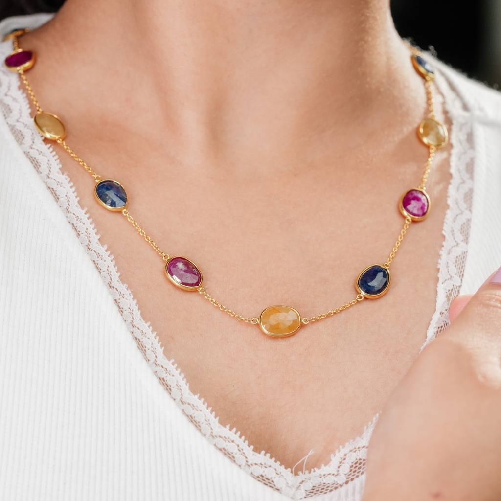 The Trinity Royal Gemstone Chain - Ruby Yellow Sapphire Blue Sapphire 18Kt Gold Plated Sterling Silver : NK0003