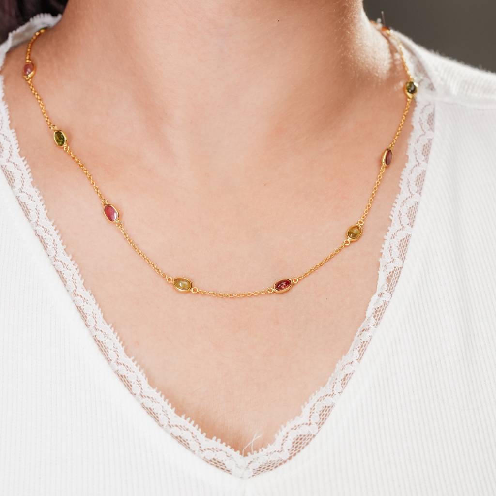 The Tourmaline Spectrum Chain - Pink Rubellite Olive Verdelite Cabochon 18Kt Gold Plated Sterling Silver : NK0004