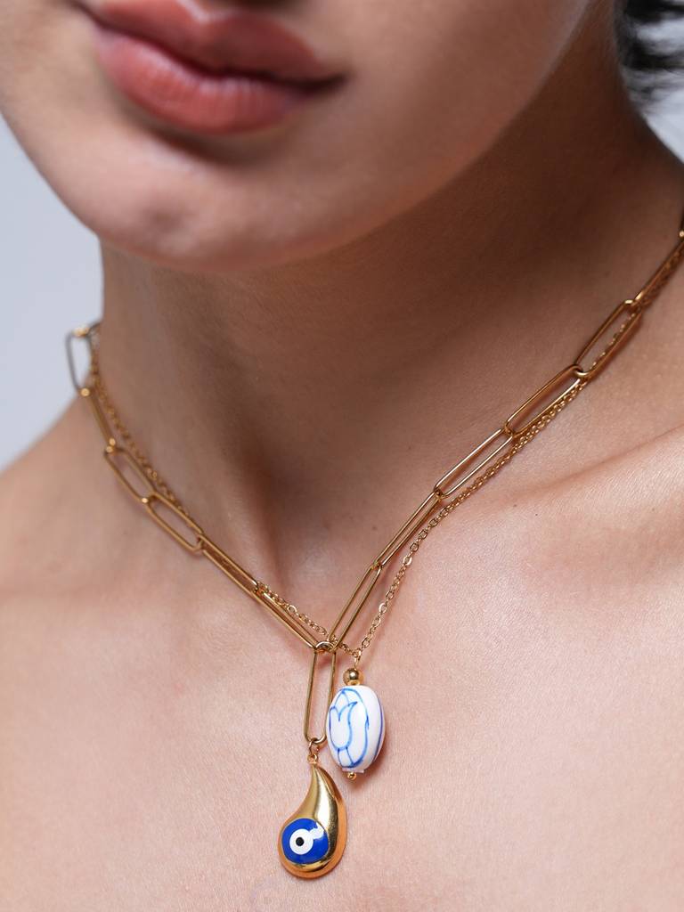 Statement Layered Blue White Flower Ceramic Necklace : CAO0035NIH