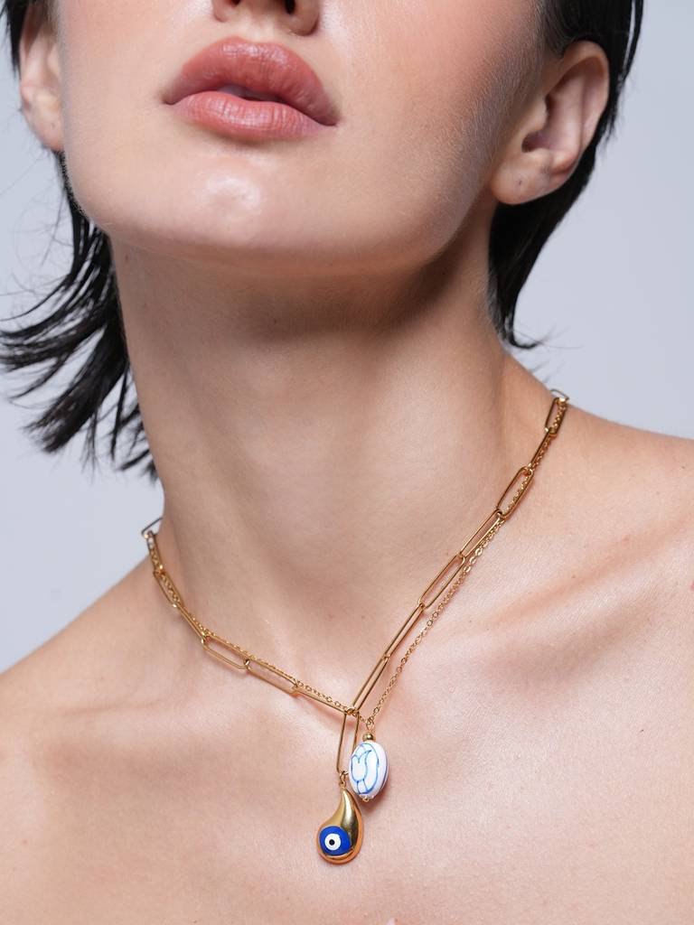 Statement Layered Blue White Flower Ceramic Necklace : CAO0035NIH