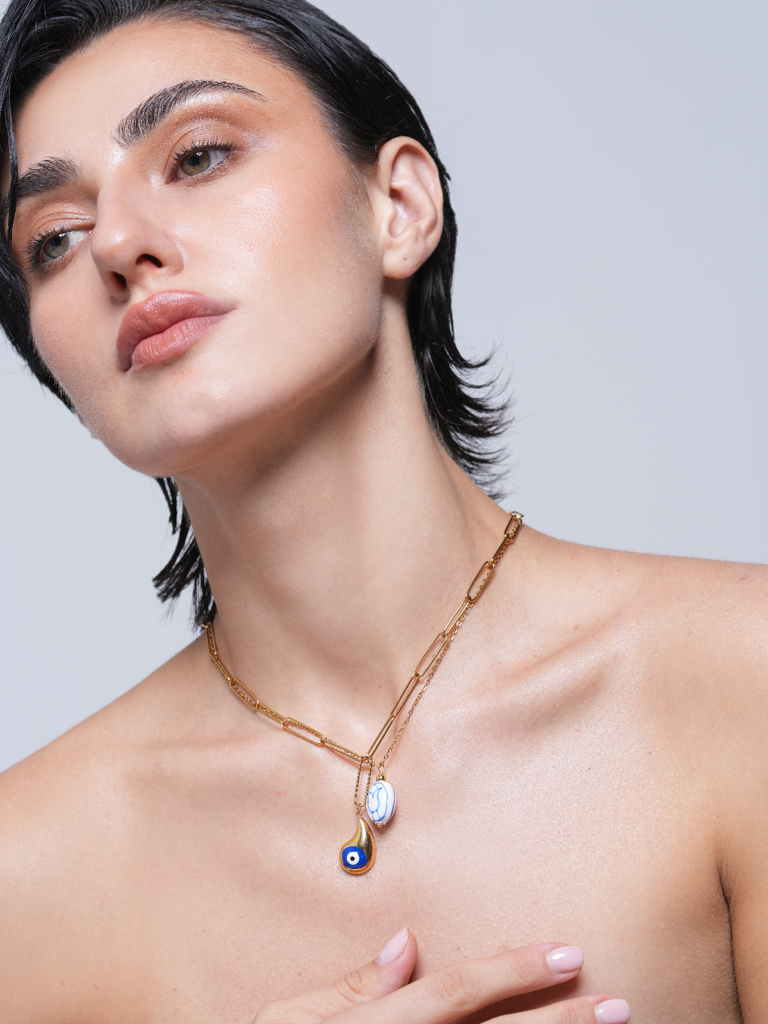 Statement Layered Blue White Flower Ceramic Necklace : CAO0035NIH