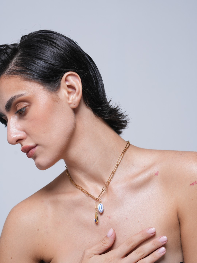 Statement Layered Blue White Flower Ceramic Necklace : CAO0035NIH