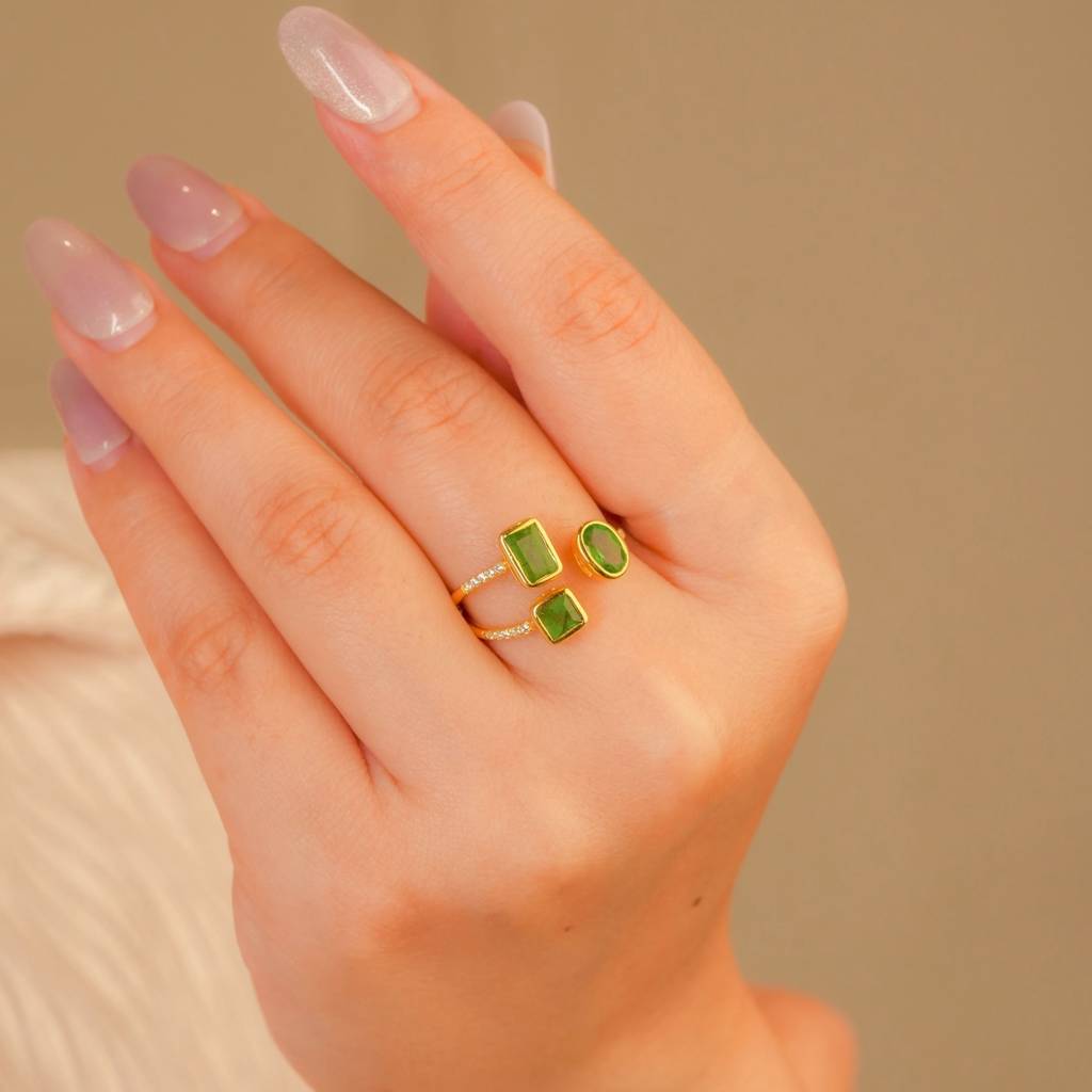 Triple Emerald Adjustable Ring With Cz Detailing In 18K Gold-Plated 925 Silver : RG0004