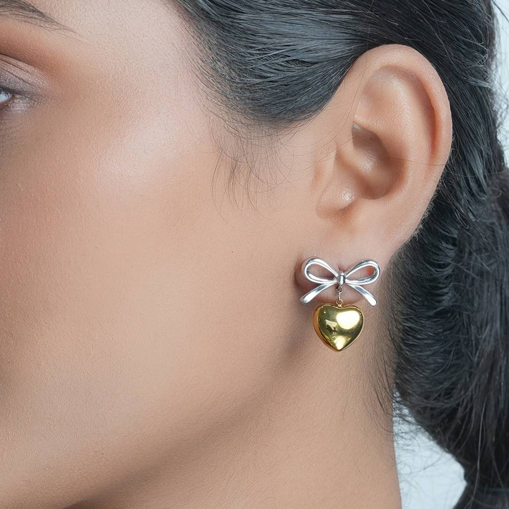 18K Gold & Silver Plated Waterproof Anti-Tarnish Bow And Heart Drops : ASG0125E424SG