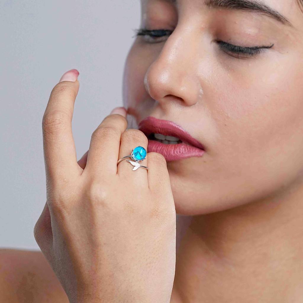 925 Silver Blue Crystal Mermaid Stone Ring | Ocean-Inspired 925 Silver Ring For Women | Dazzling Blue Gem Ring : S-R-RNP-028