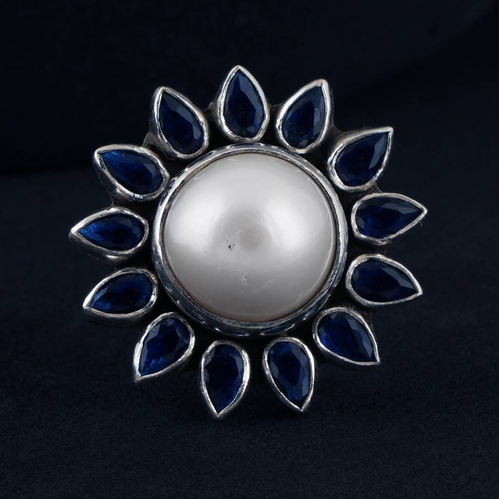 Blue Flower Pearl Ring