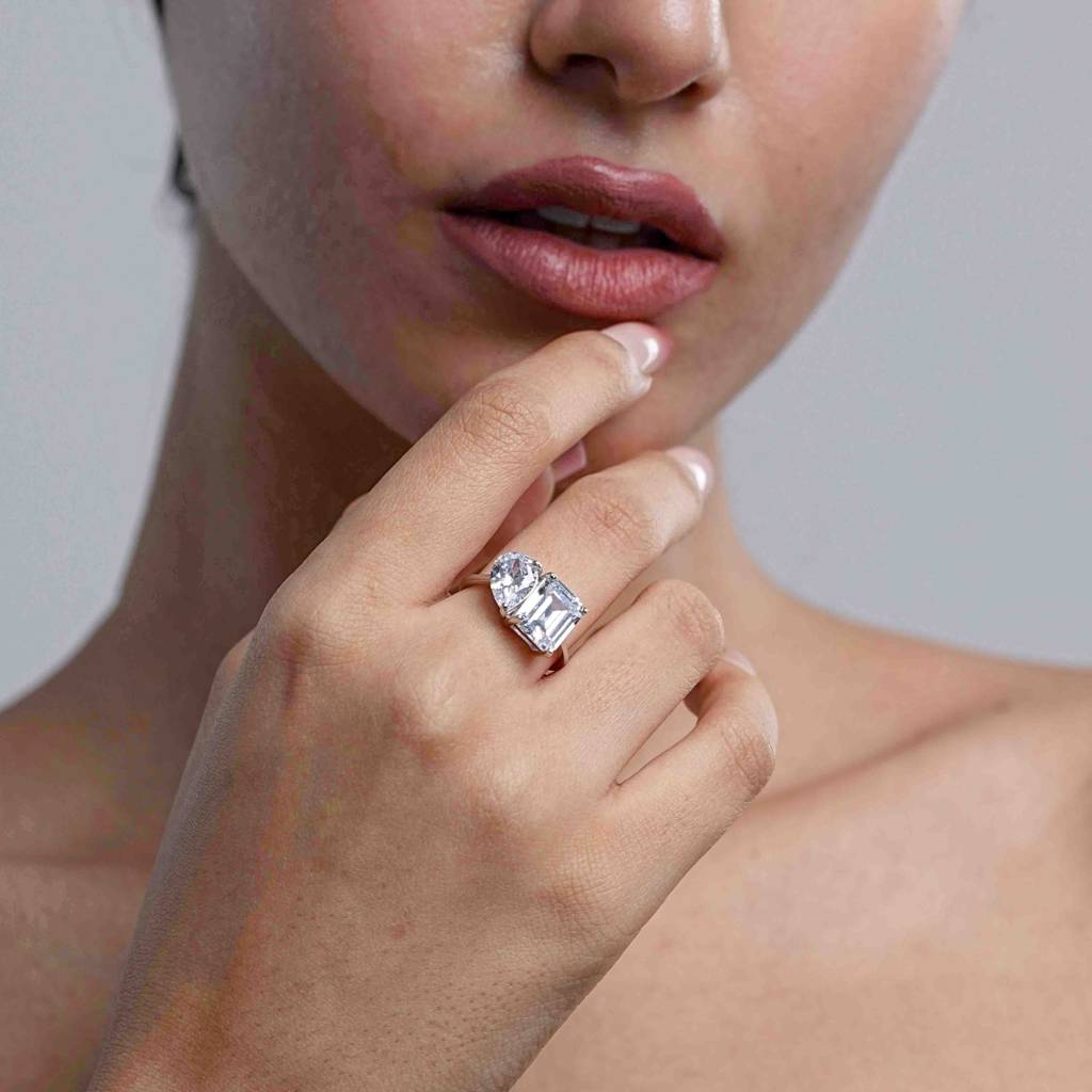 925 Silver Toi Et Moi Ring | Dual Stone 925 Silver Adjustable Ring For Women | Romantic Two-Stone Design : S-R-R-197