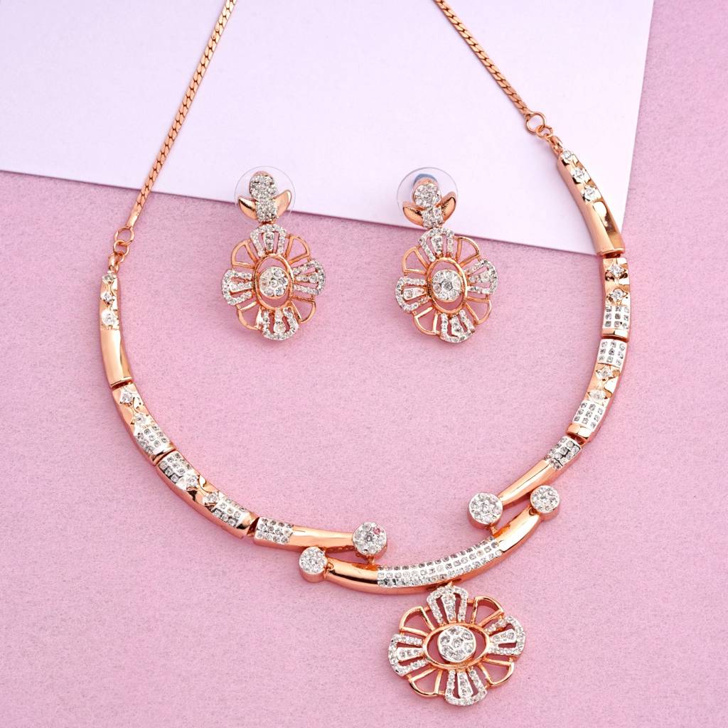 Estele Rose Gold Plated Cz Floral Designer Necklace Set For Women : AD-648-RGNKER