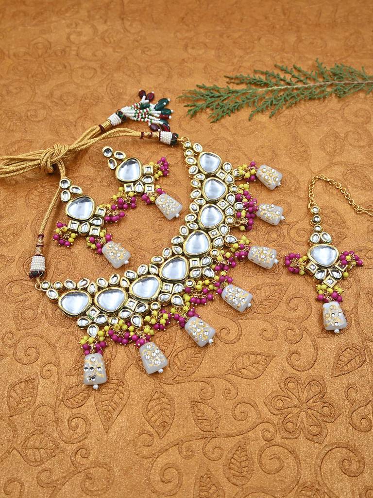 Handcrafted Kundan Bridal Necklace Set With Maangtika : Kundan03Grey