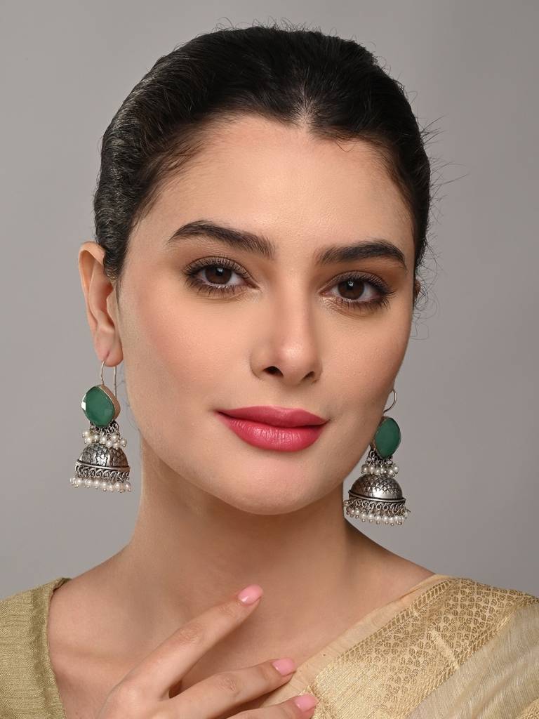 Oxidised Silver Brass Stone Jhumka Earrings : S24AJER253BLU