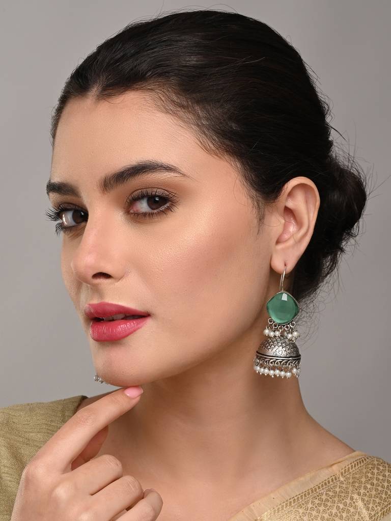 Oxidised Silver Brass Stone Jhumka Earrings : S24AJER253BLU