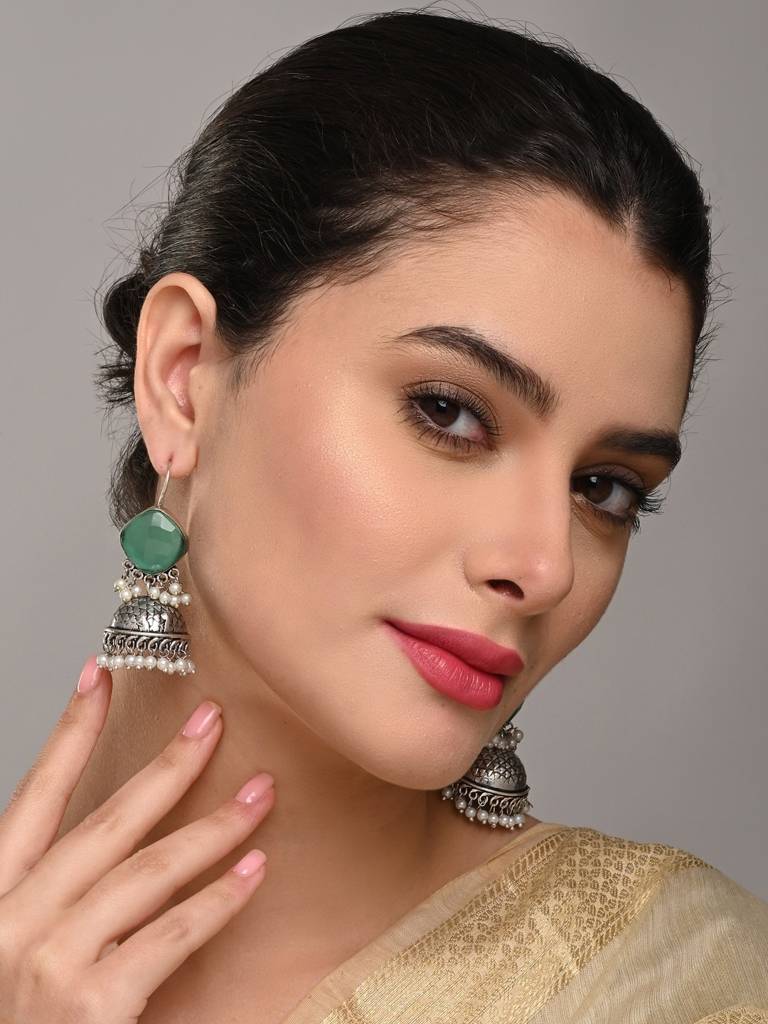 Oxidised Silver Brass Stone Jhumka Earrings : S24AJER253BLU