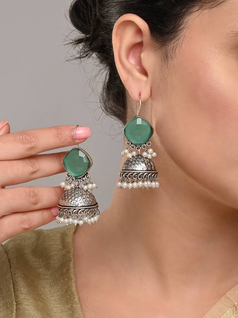 Oxidised Silver Brass Stone Jhumka Earrings : S24AJER253BLU