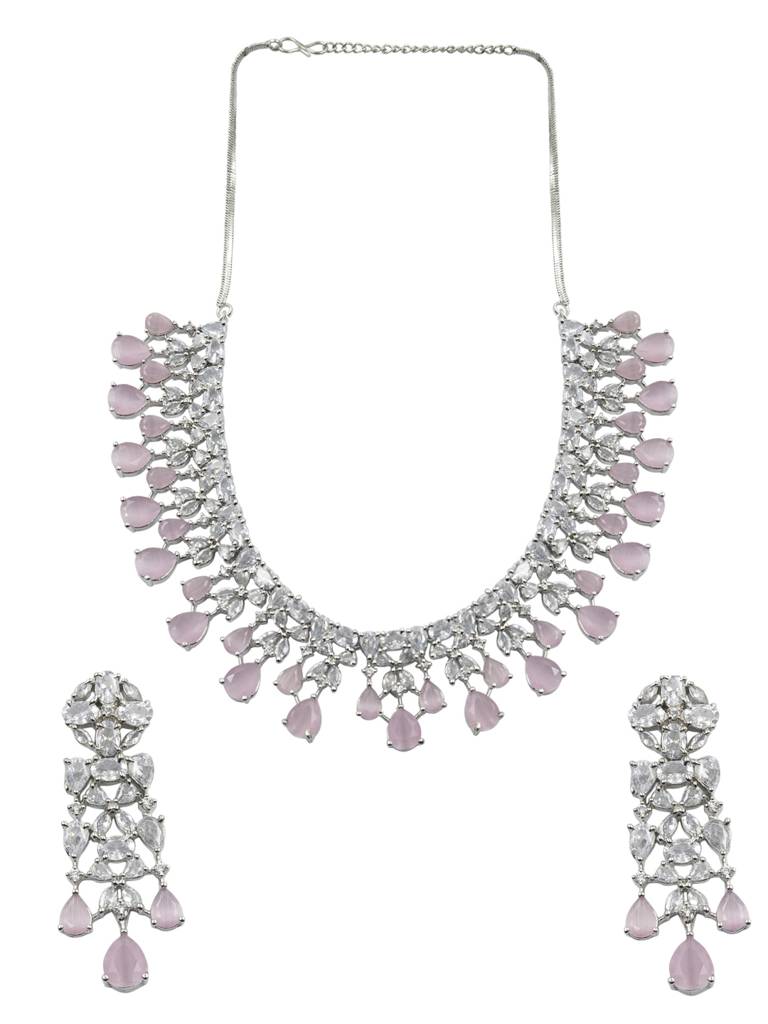 Elegant Silver Plated Cubic Zirconia Party Wear Fusion Necklace Set : AD116SilverPink