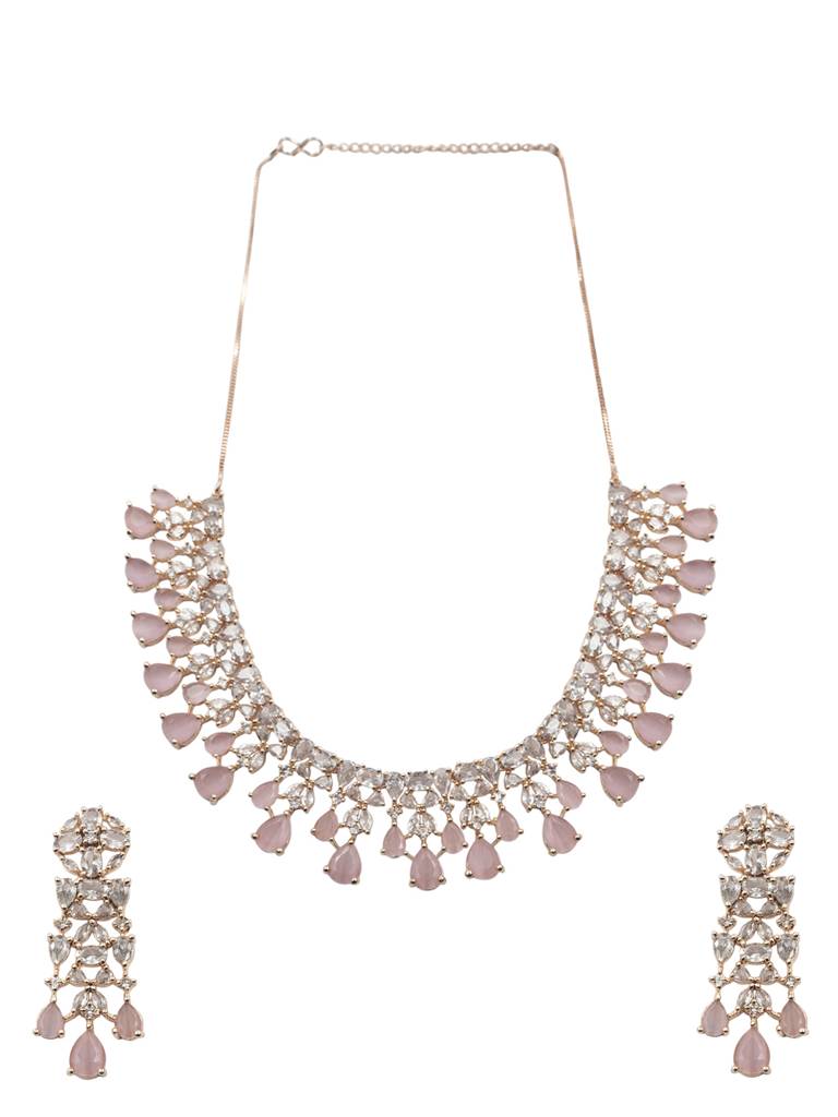 Elegant Silver Plated Cubic Zirconia Party Wear Fusion Necklace Set : AD116RGPink