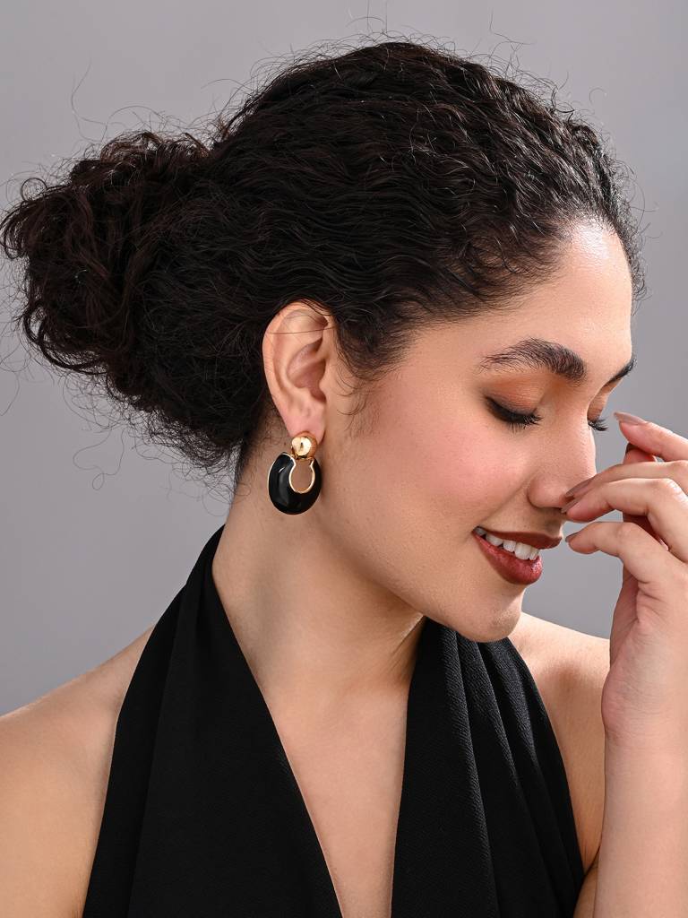 18K Gold Plated Black Round Earring : WER245MLBLK