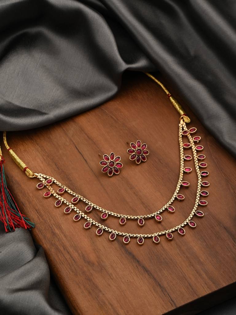 Gold Plated Delicate Double Layered Necklace Set : S24MRNKS485RED
